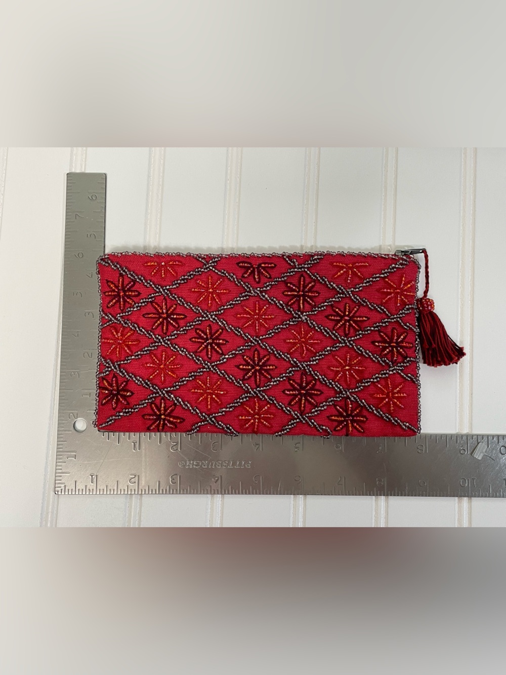 Handmade Red Purple Beaded Tassel Clutch Purse Bag - Picture 5 of 6